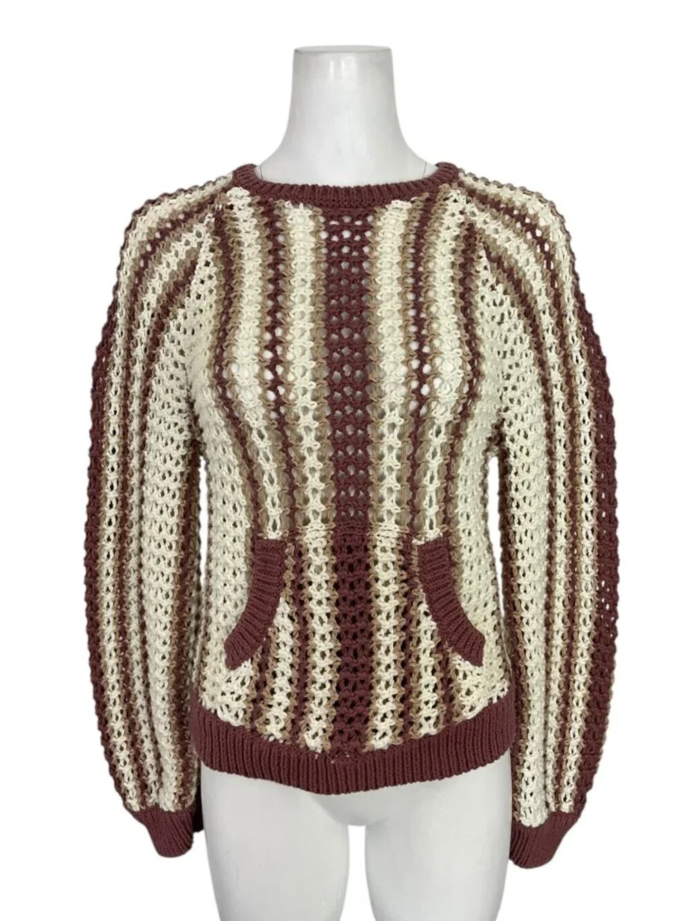 Free People FP Beach Dayton Striped Pullover Sweater S Brown Crochet